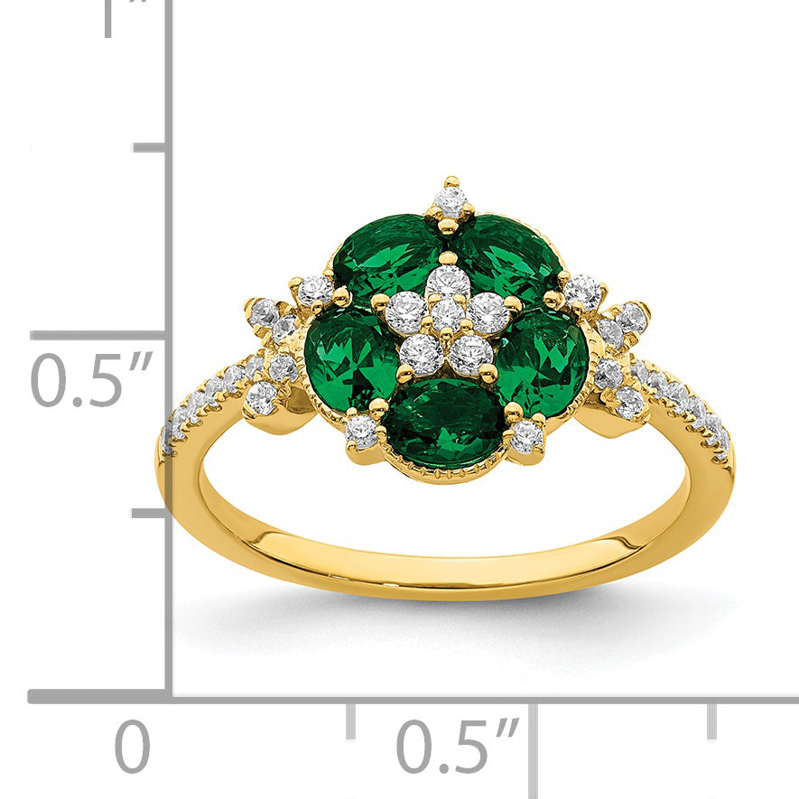 14k Yellow Gold Lab Grown Diamond and Lab Created Emerald Floral Ring