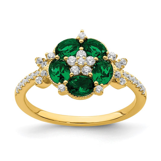 14k Yellow Gold Lab Grown Diamond and Lab Created Emerald Floral Ring