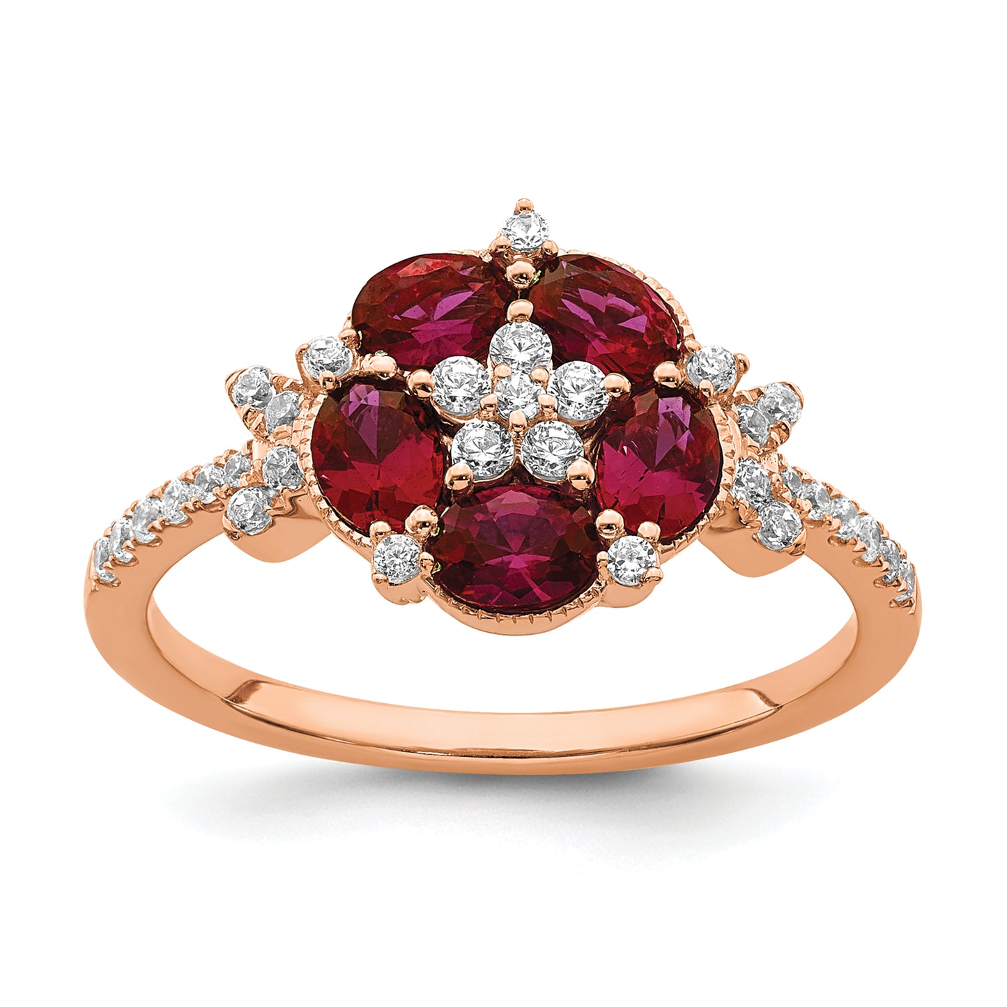 14K Rose Gold Lab Grown Diamond VS/SI+ G+ Created.Ruby Floral Ring