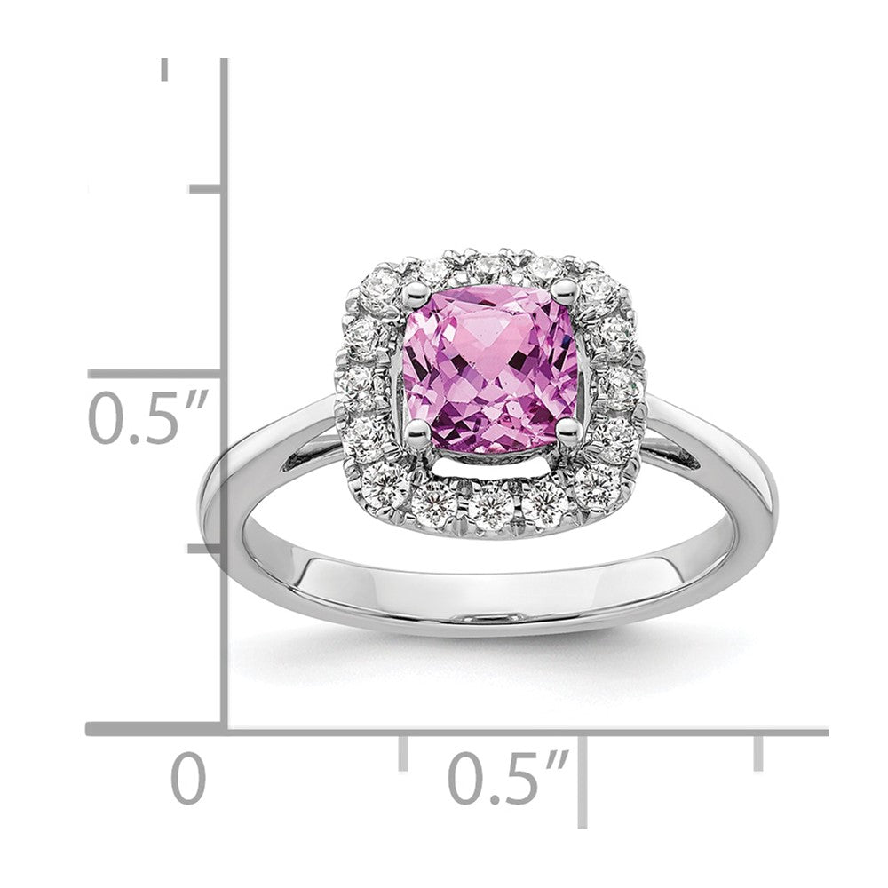 14k White Gold 1/4 Ct. Lab Grown Diamond VS/SI+ G+ October Birthstone Lab Created Pink Sapphire Halo Ring