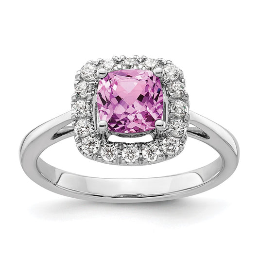 14k White Gold 1/4 Ct. Lab Grown Diamond VS/SI+ G+ October Birthstone Lab Created Pink Sapphire Halo Ring