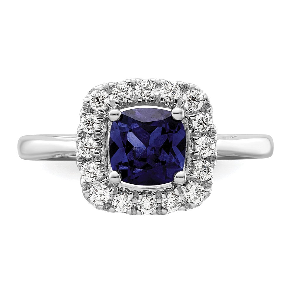 14k White Gold 1/4 Ct. Lab Grown Diamond VS/SI+ G+ September Birthstone Lab Created Blue Sapphire Halo Ring