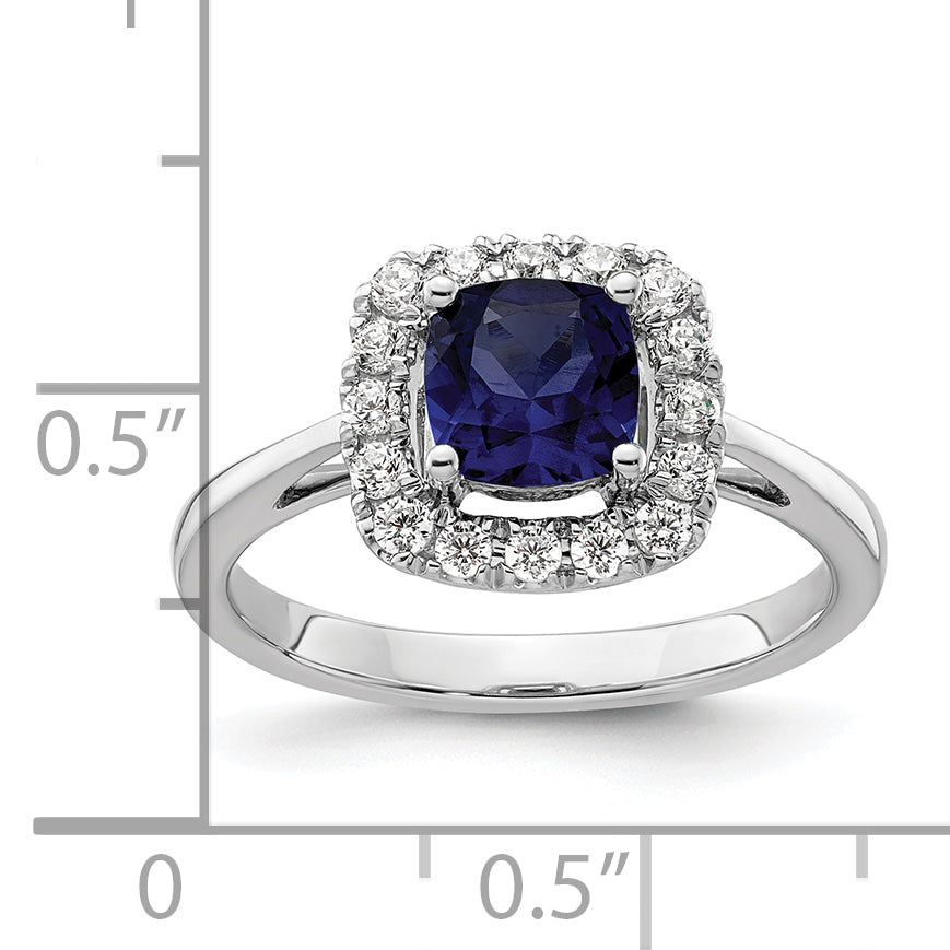 14k White Gold 1/4 Ct. Lab Grown Diamond VS/SI+ G+ September Birthstone Lab Created Blue Sapphire Halo Ring