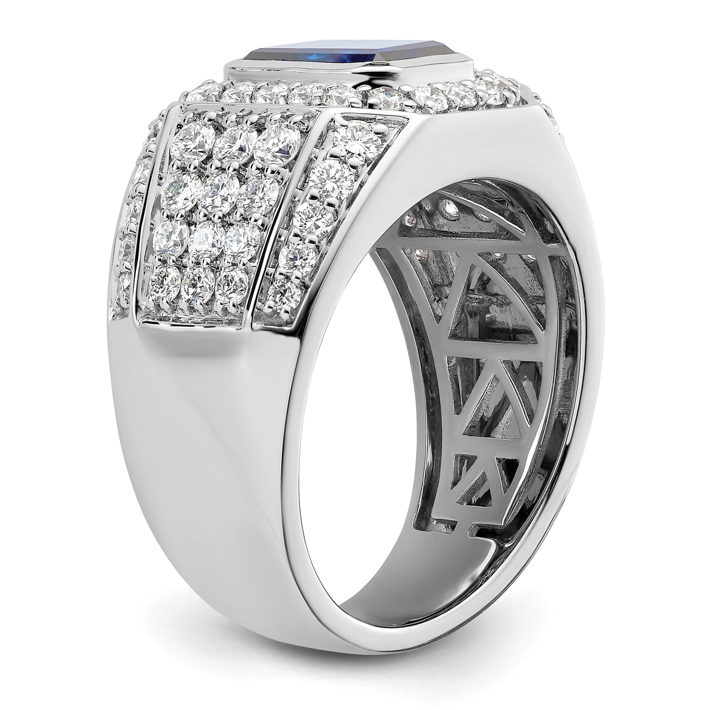 10k White Gold 1 7/8 Ct. Lab Grown Diamond VS/SI+ G+ and Lab Created Blue Sapphire Men's Ring