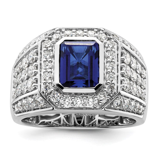 10k White Gold 1 7/8 Ct. Lab Grown Diamond VS/SI+ G+ and Lab Created Blue Sapphire Men's Ring