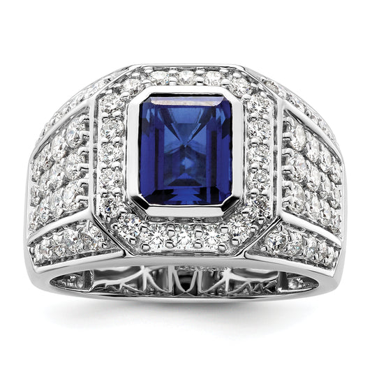 10k White Gold 1 7/8 Ct. Lab Grown Diamond VS/SI+ G+ and Lab Created Blue Sapphire Men's Ring