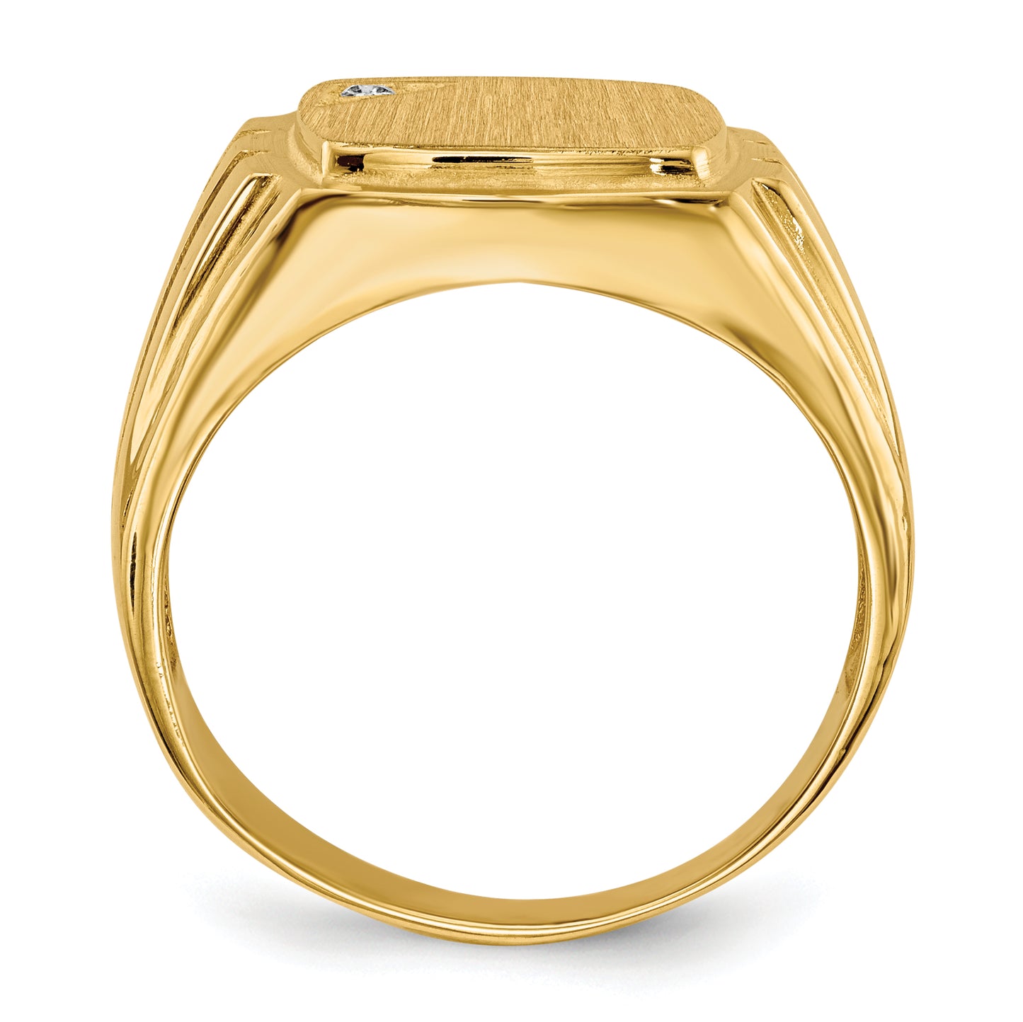 14K Yellow Gold 11.5X12.0mm Grooved Sides Open Back A Diamond Men'S Signet Ring