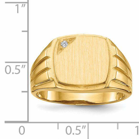 14K Yellow Gold 11.5X12.0mm Grooved Sides Open Back A Diamond Men'S Signet Ring