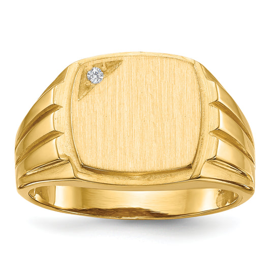 14K Yellow Gold 11.5X12.0mm Grooved Sides Open Back A Diamond Men'S Signet Ring