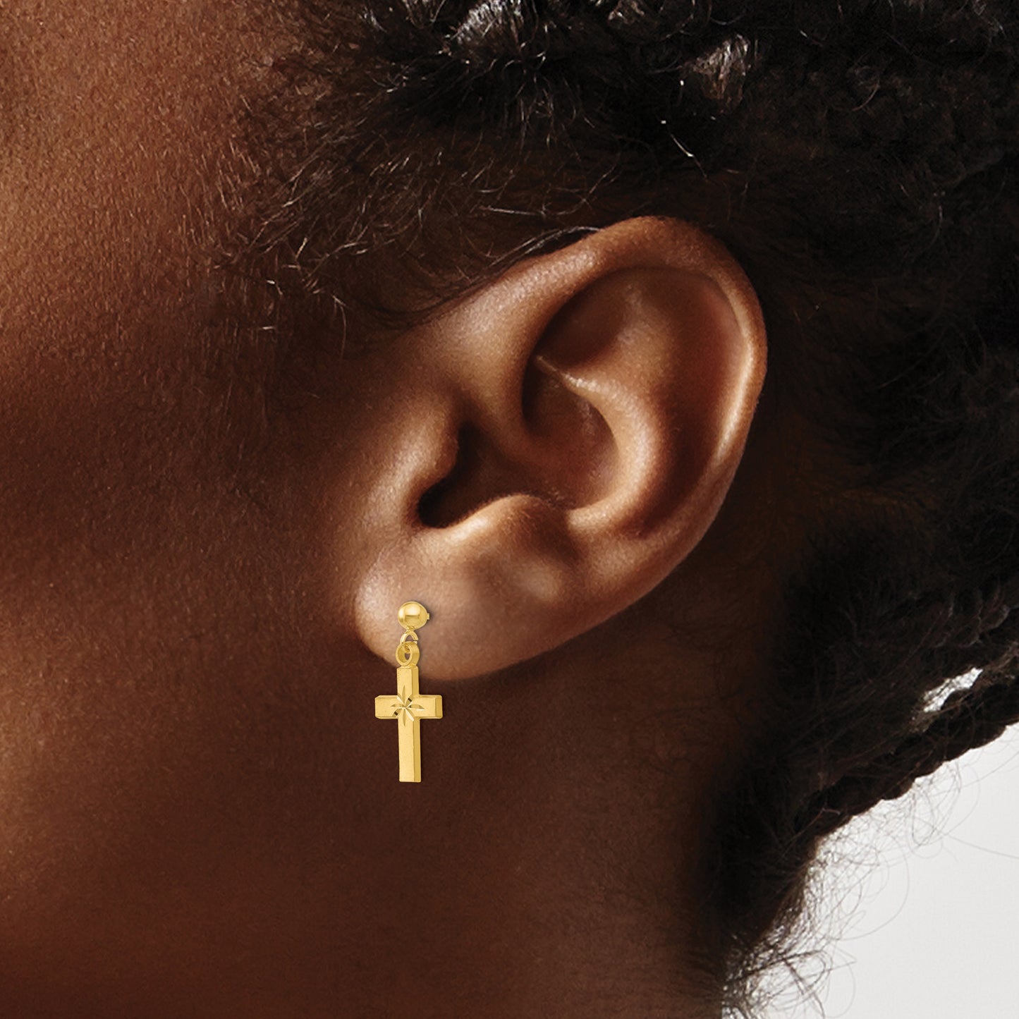 14K Yellow Gold Satin & Diamond -Cut Cross Earrings