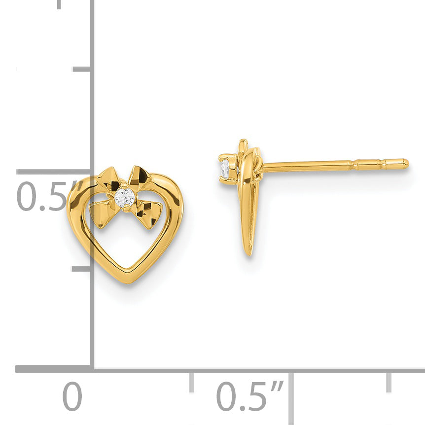 14K Yellow Gold 14Ky Madi K Childrens Polished Diamond-Cut Cz Bow Heart Post Earrings