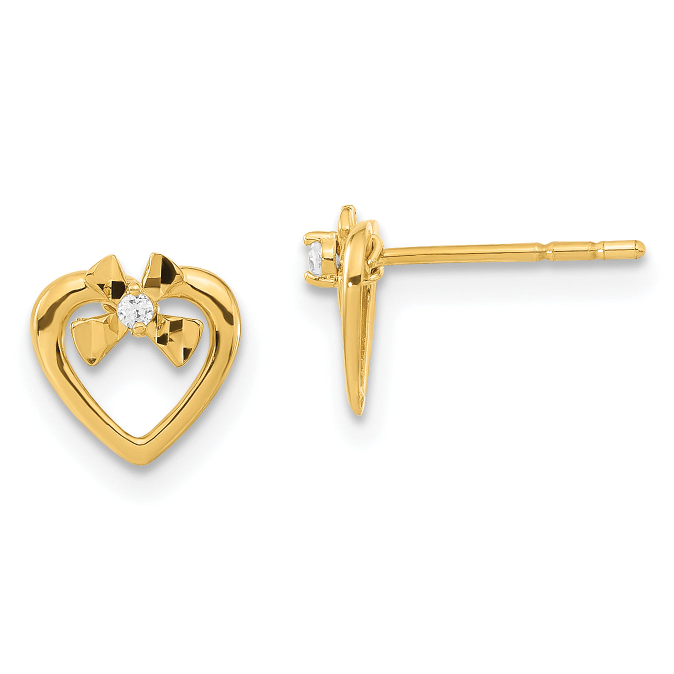 14K Yellow Gold 14Ky Madi K Childrens Polished Diamond-Cut Cz Bow Heart Post Earrings