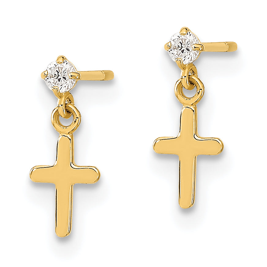 14K Yellow Gold Madi K Childrens Cz Cross Post Dangle Earrings