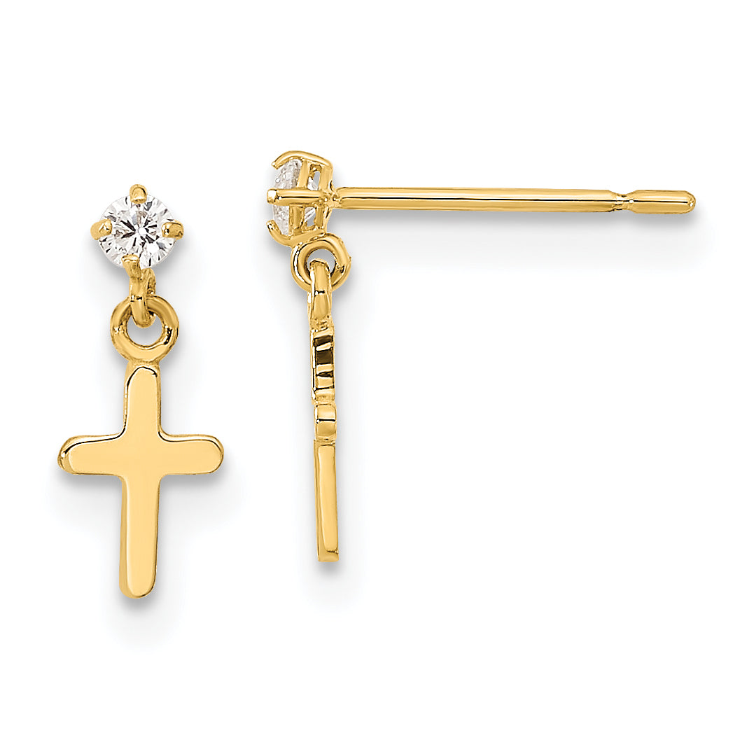 14K Yellow Gold Madi K Childrens Cz Cross Post Dangle Earrings