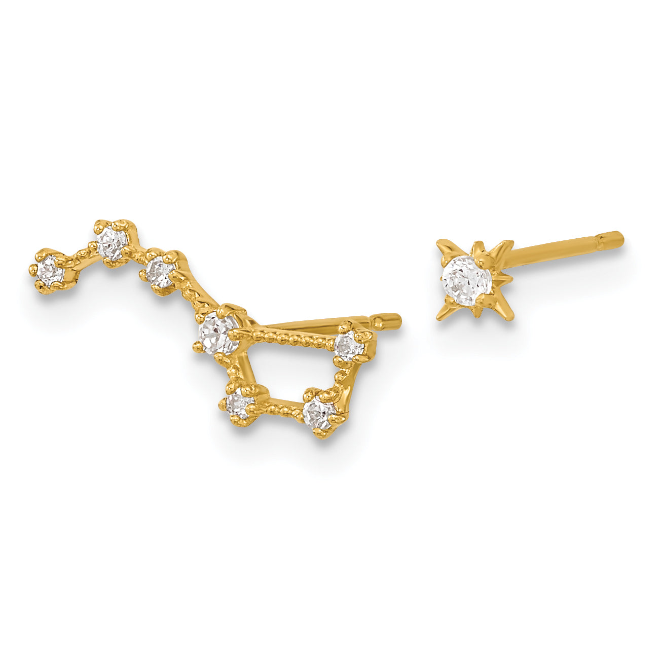 14K Yellow Gold Madi K Childrens Cz 1 Stud Star & Little Dipper Post Earrings