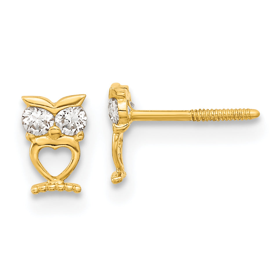 14K Yellow Gold Madi K Owl W/Cz Eyes Screwback Post Earrings