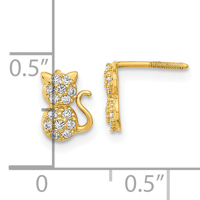 14K Yellow Gold Madi K Polished Cz Sitting Cat Screwback Post Earrings