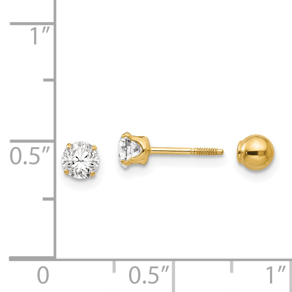 14K Yellow Gold Madi K Polished Reversible Cz & 4mm Ball Earrings