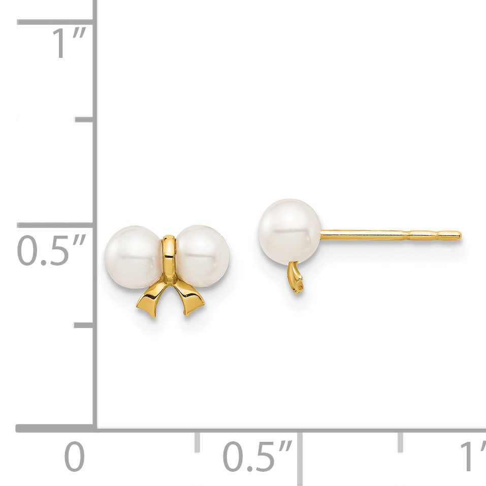 14K Yellow Gold Madi K 3-4mm White Round Fw Cultured Pearl Bow Post Earrings