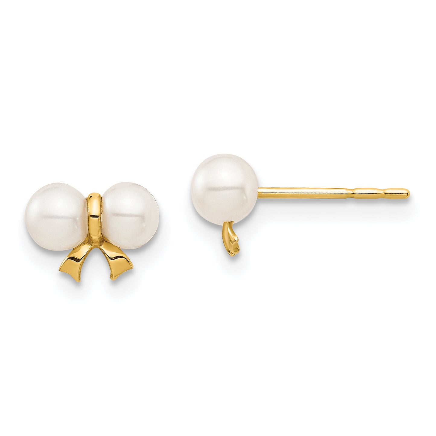 14K Yellow Gold Madi K 3-4mm White Round Fw Cultured Pearl Bow Post Earrings