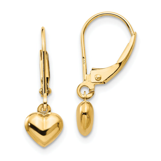 14K Yellow Gold Madi K Puffed Polished Heart Drop Leverback Earrings