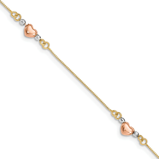 7.25 Inch 14K Tri-Color Puffed Heart Bracelet