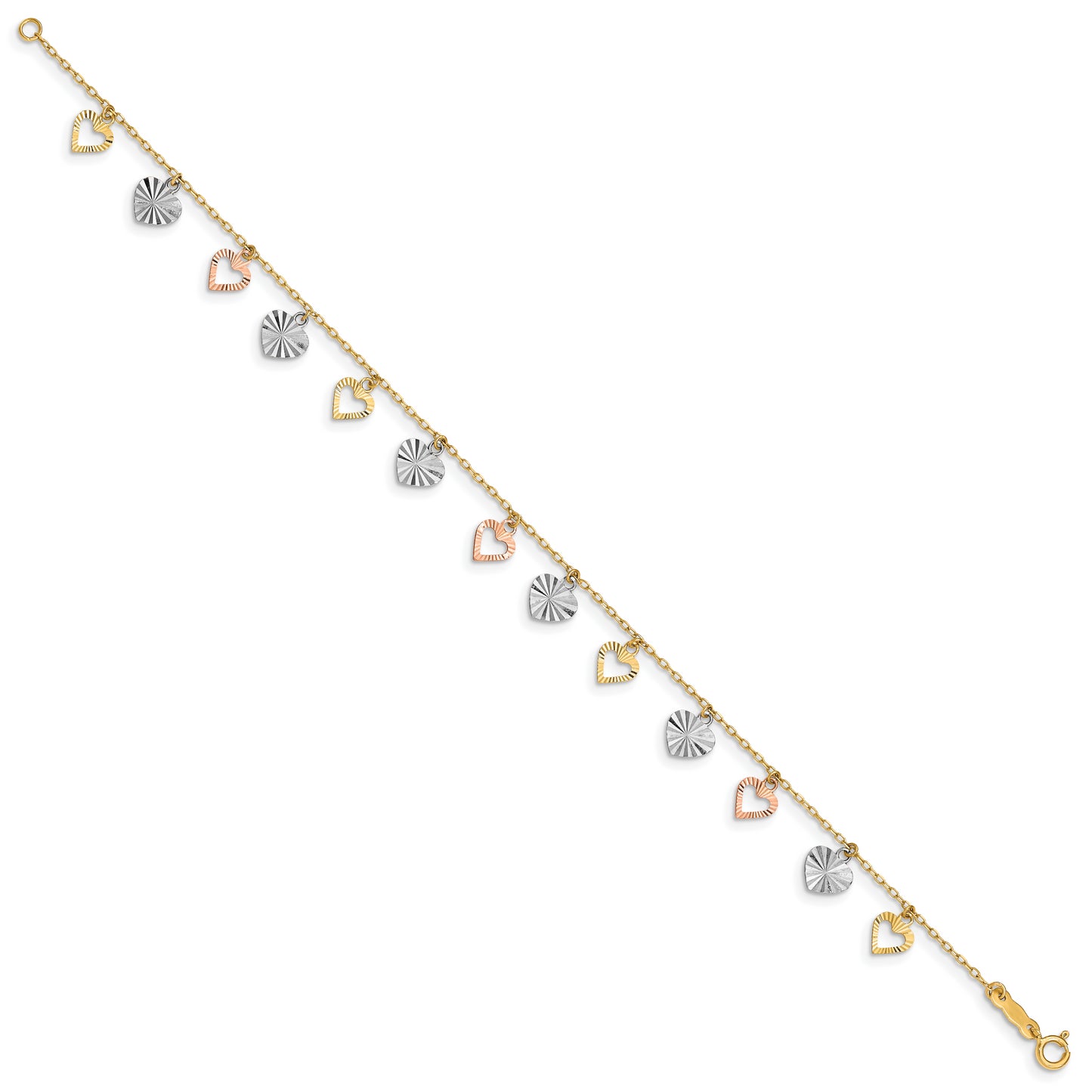 7.25 Inch 14K Tri-Color Heart Bracelet