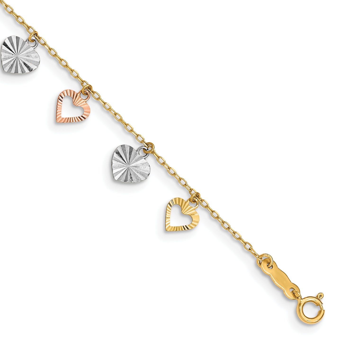 7.25 Inch 14K Tri-Color Heart Bracelet