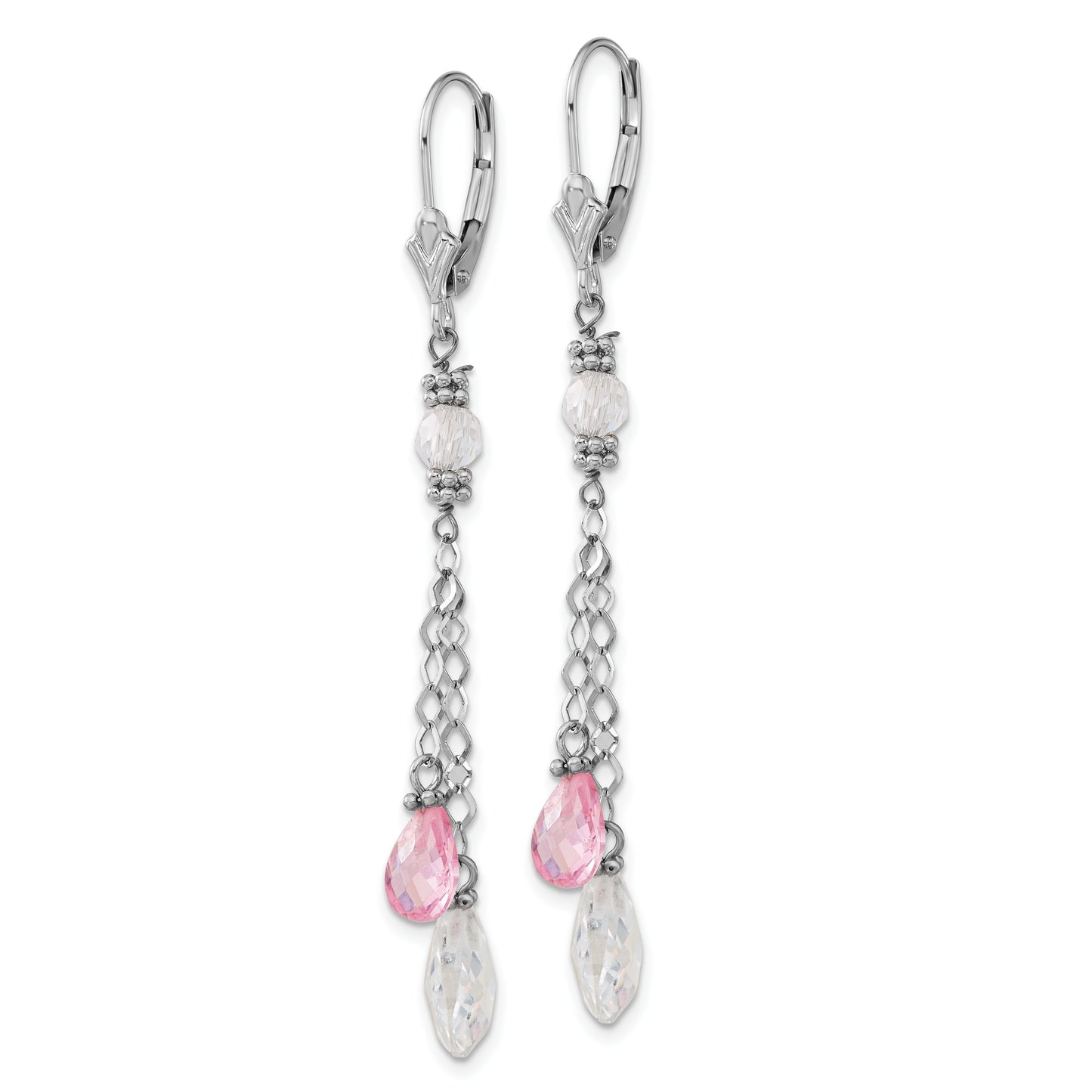 14K White Gold Polished Pink & Clear Teardrop Leverback Dangle Earrings