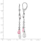 14K White Gold Polished Pink & Clear Teardrop Leverback Dangle Earrings