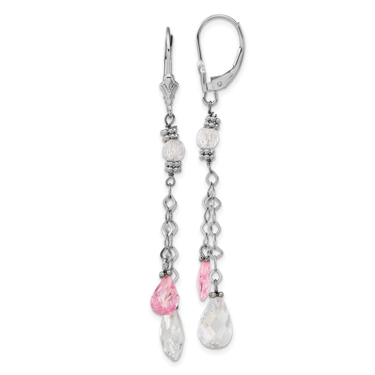 14K White Gold Polished Pink & Clear Teardrop Leverback Dangle Earrings