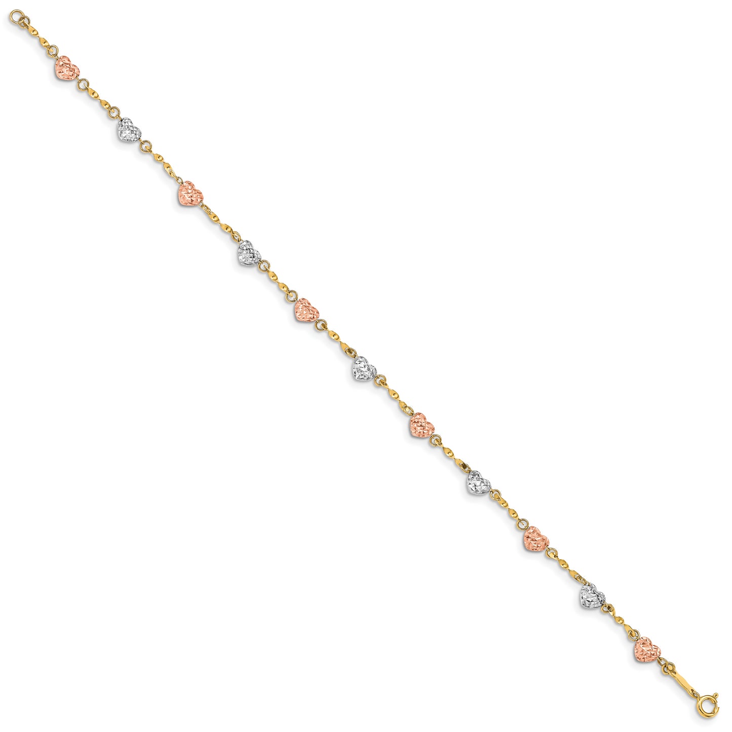 7 Inch 14K Tri-Color Diamond-Cut Puff Heart Bracelet