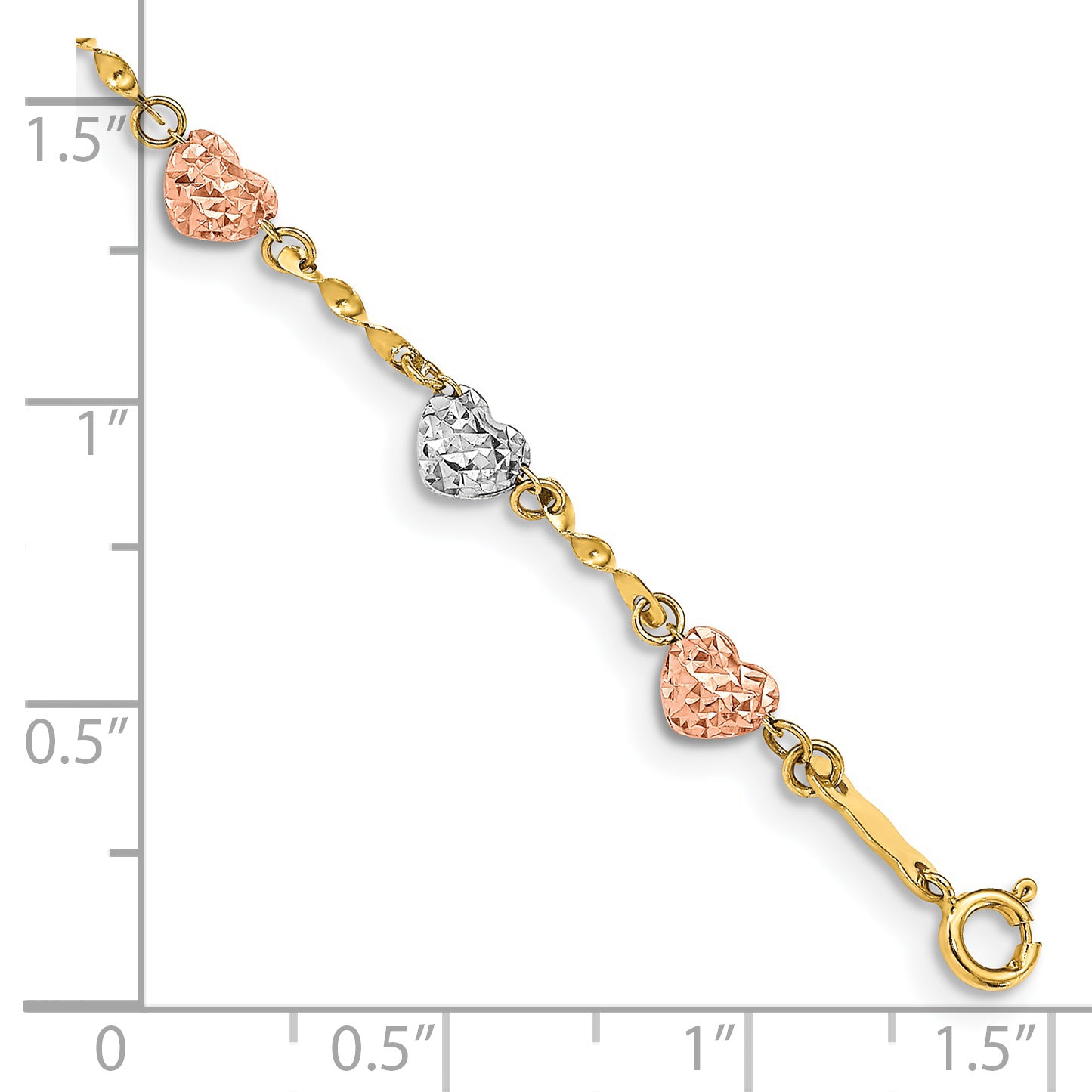 7 Inch 14K Tri-Color Diamond-Cut Puff Heart Bracelet