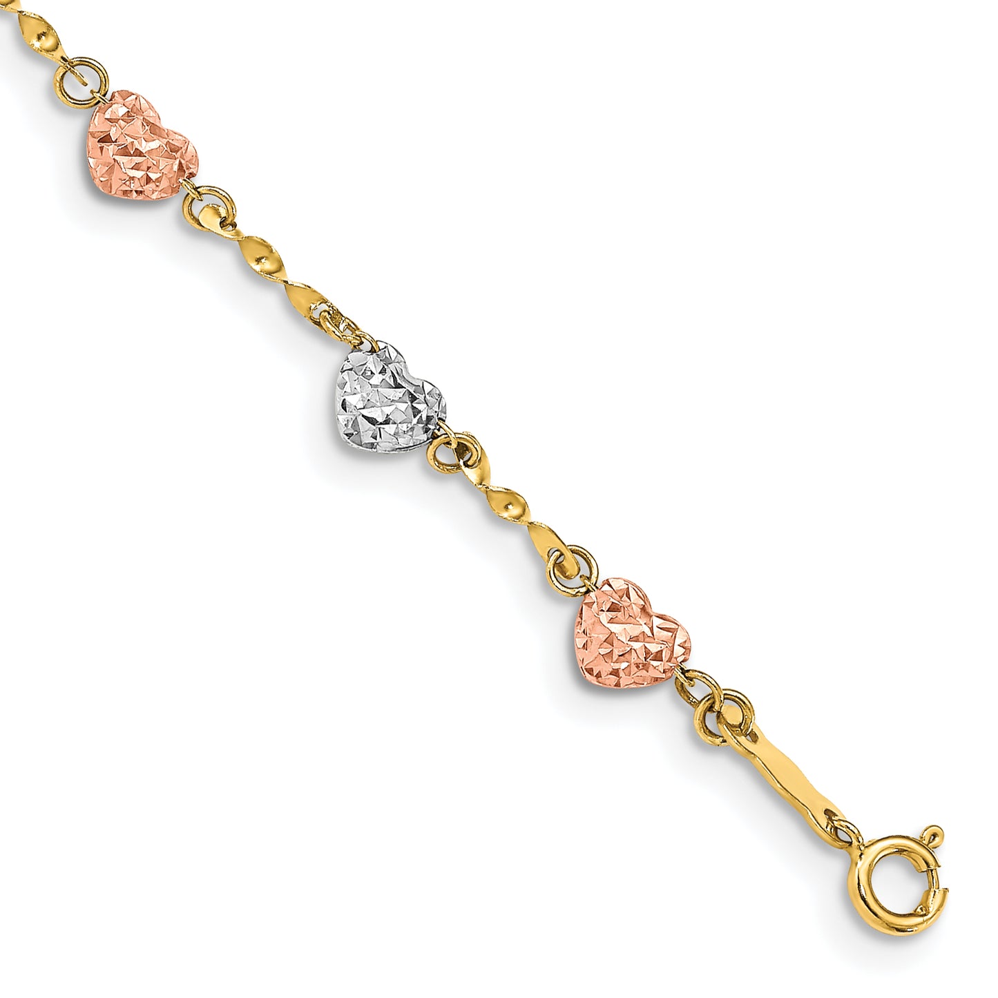 7 Inch 14K Tri-Color Diamond-Cut Puff Heart Bracelet