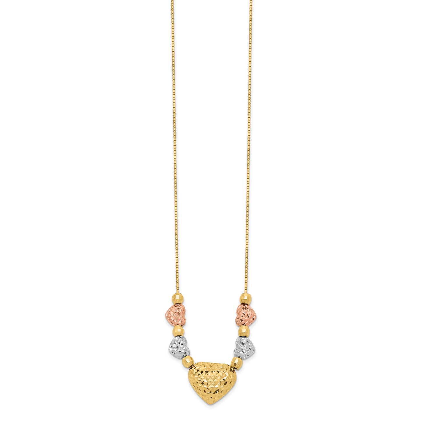 14K Tri-Color Puff & Flat Hearts Necklace