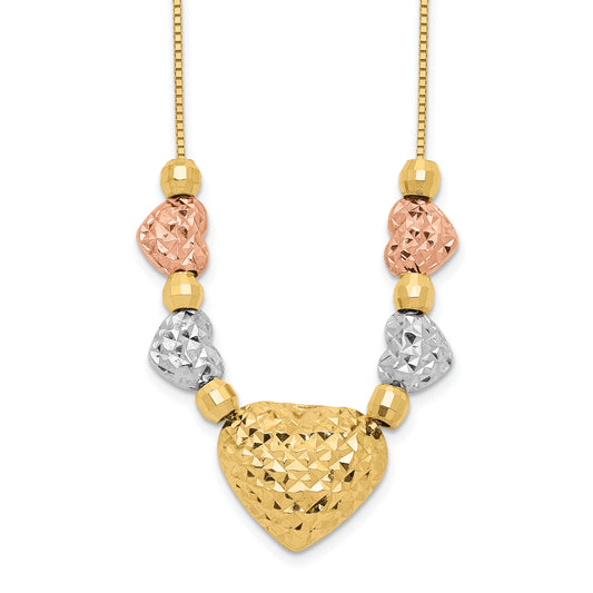 14K Tri-Color Puff & Flat Hearts Necklace