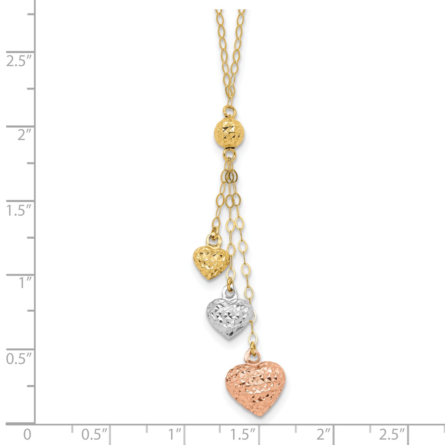 14K Tri-Color Puff Heart Lariat With 2In Ext Necklace