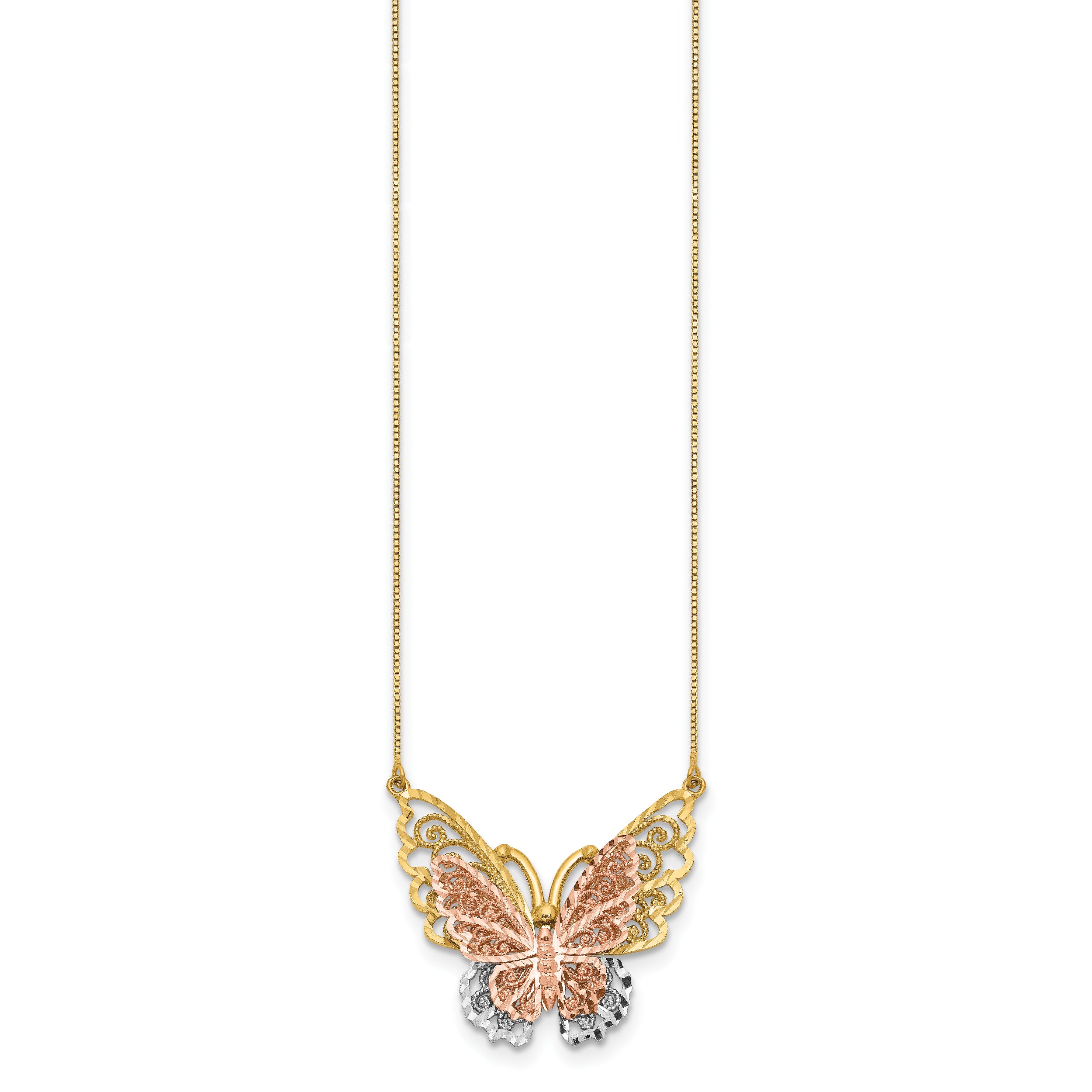 Floating Faceted Butterfly Necklace in Two offers Tone 14K Rose Gold