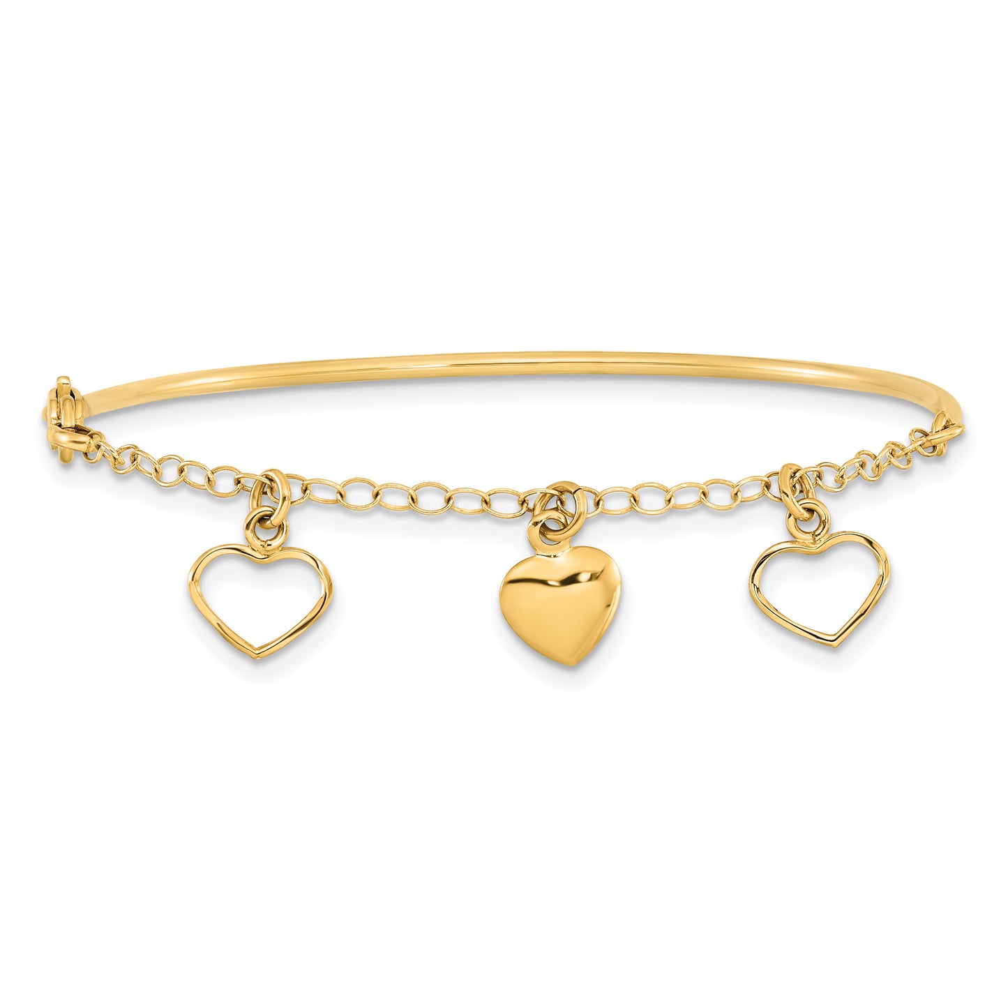 7 Inch 14K Polished Dangle Heart Chain Bangle