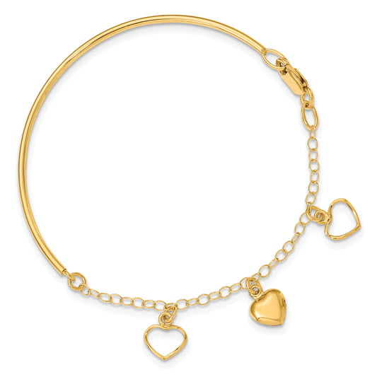 7 Inch 14K Polished Dangle Heart Chain Bangle