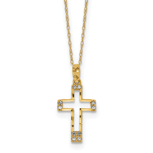 14K Yellow Gold Polished Cz Cross Pendant Necklace