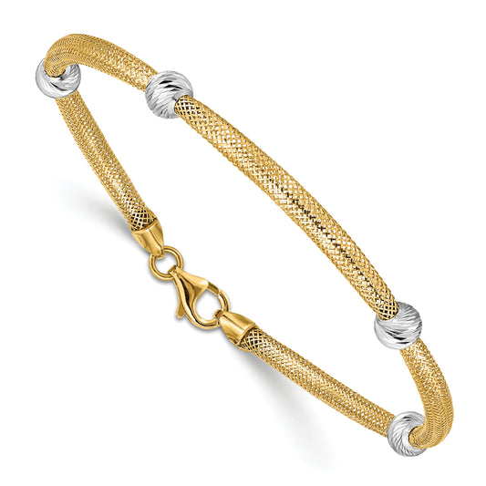 7.5 Inch 14K With Rhodium D/C Beads Stretch Mesh Bracelet