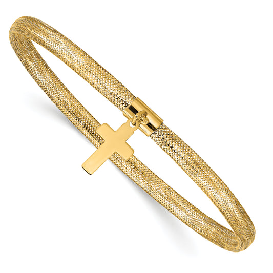 14K Yellow Gold Mesh Cross Dangle Stretch Bracelet