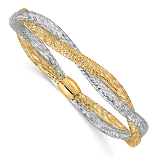 14K Yellow & Rhodium With Twisted Woven Mesh Stretch Bracelet