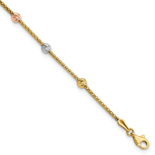 7.25 Inch 14K Tri-Color Diamond-Cut 7-Station Bead And Chain Bracelet