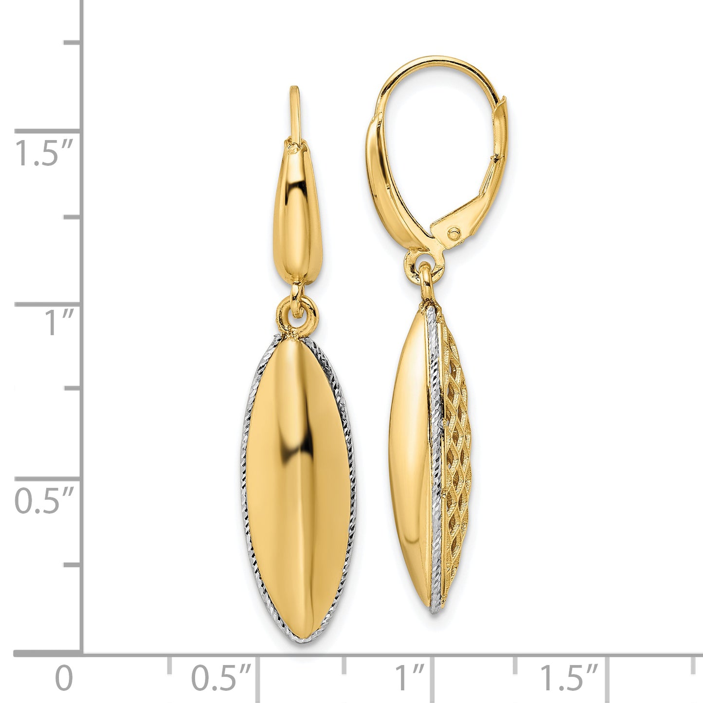 14K Two-Tone Polished D/C Hollow Teardrop Criss Cross Leverback Earrings