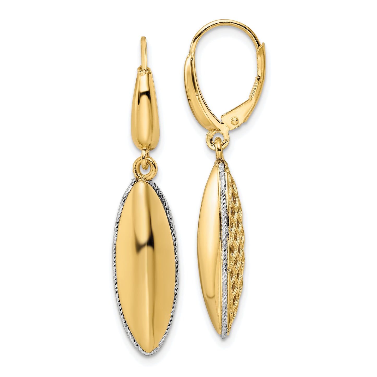 14K Two-Tone Polished D/C Hollow Teardrop Criss Cross Leverback Earrings