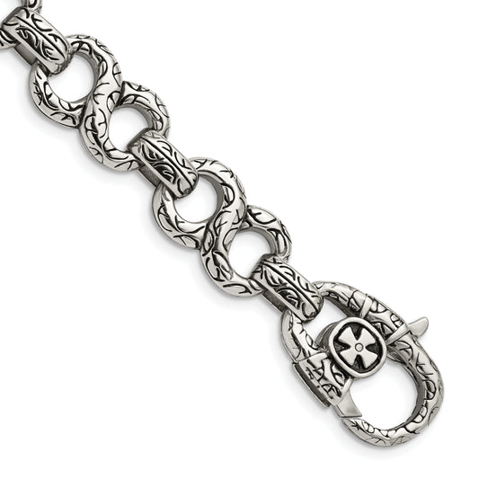 Stainless Steel Chisel Antiqued Polished And Textured 8.5 Inch Infinity Symbol Link Bracelet