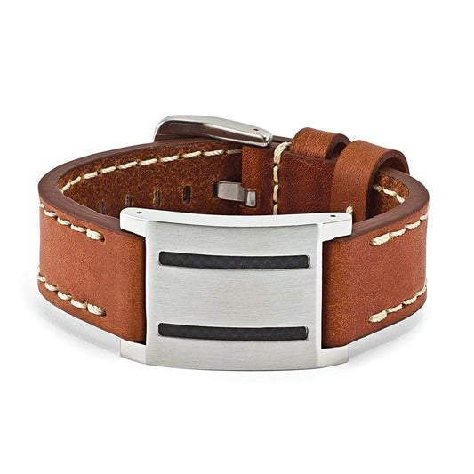 8.75 Inch Stainless Steel Brown Leather W/Carbon Fiber Inlay Buckle Bracelet