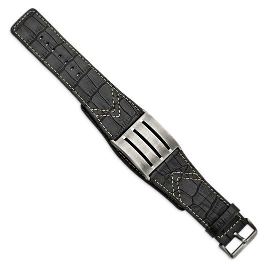 9 Inch Stainless Steel Brushed Black Leather Adjustable Buckle 9In Bracelet